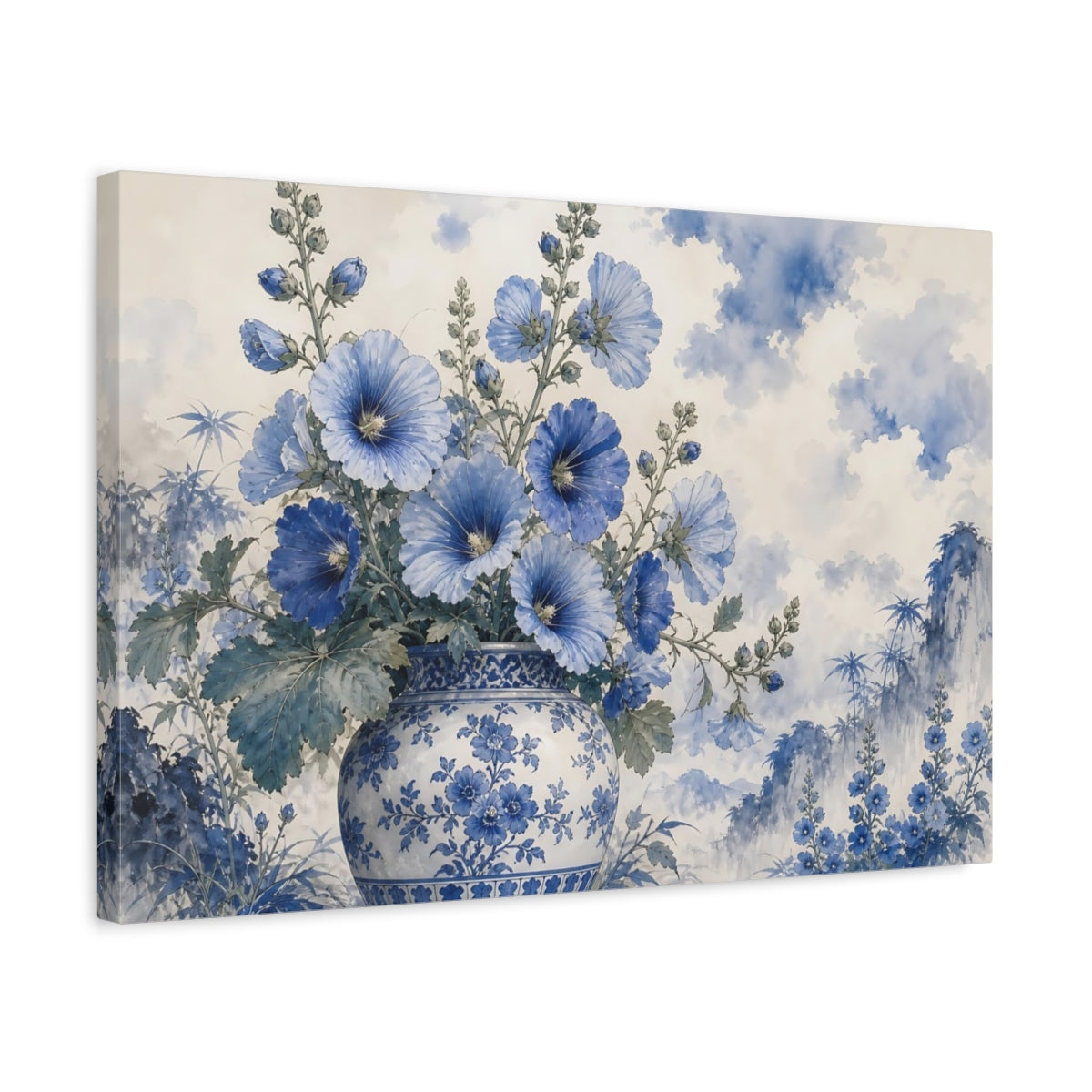 Side Mockup 3. Floral Blue Flowers Blue And White shown as stretched canvas wall art