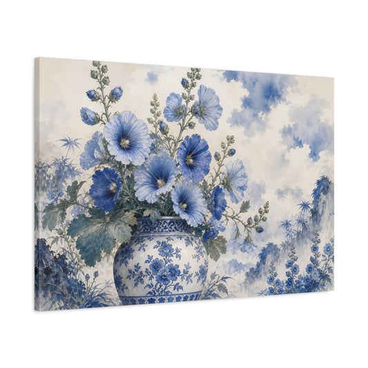 Main Mockup. Floral Blue Flowers Blue And White shown as stretched canvas wall art
