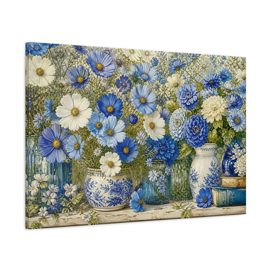 Main Mockup. Floral Blue Flowers Blue And White Floral shown as stretched canvas wall art