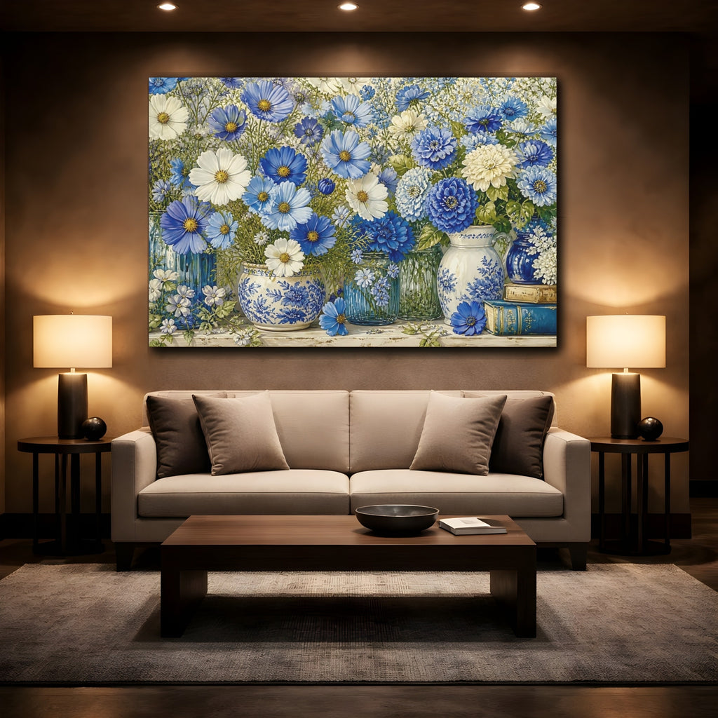 Mockup 2. Floral Blue Flowers Blue And White Floral shown as stretched canvas wall art