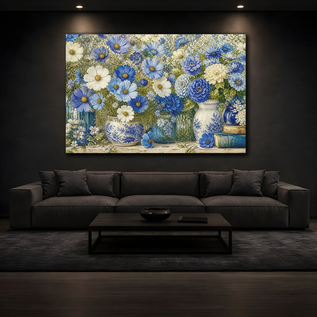 Mockup 3. Floral Blue Flowers Blue And White Floral shown as stretched canvas wall art