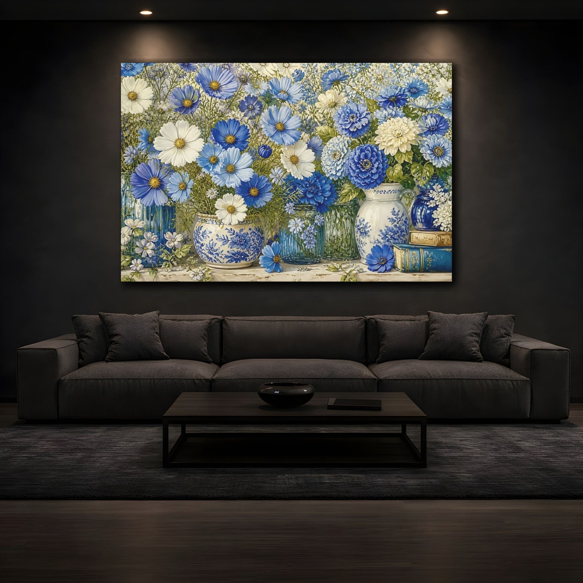 Mockup 3. Floral Blue Flowers Blue And White Floral shown as stretched canvas wall art