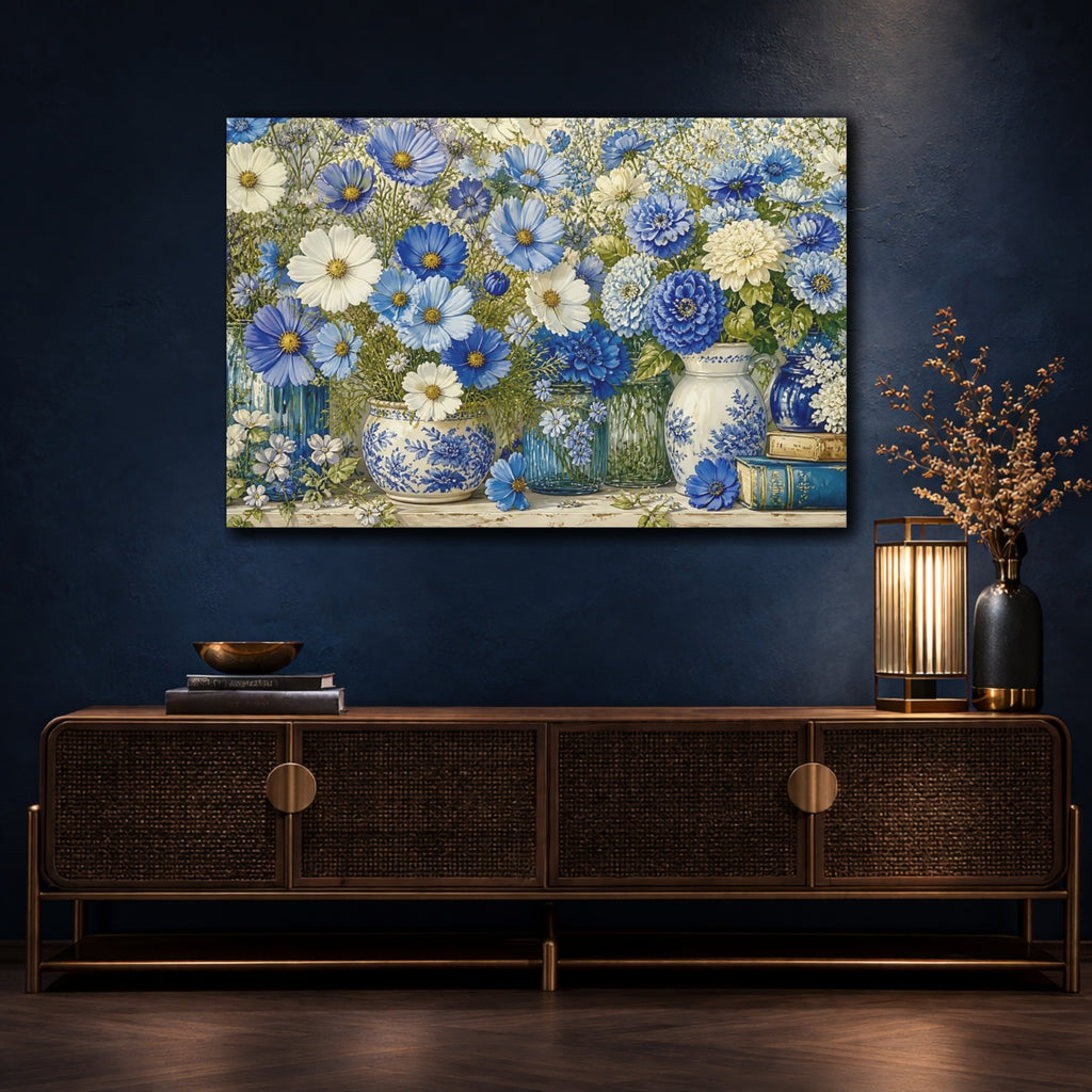 Mockup 4. Floral Blue Flowers Blue And White Floral shown as stretched canvas wall art
