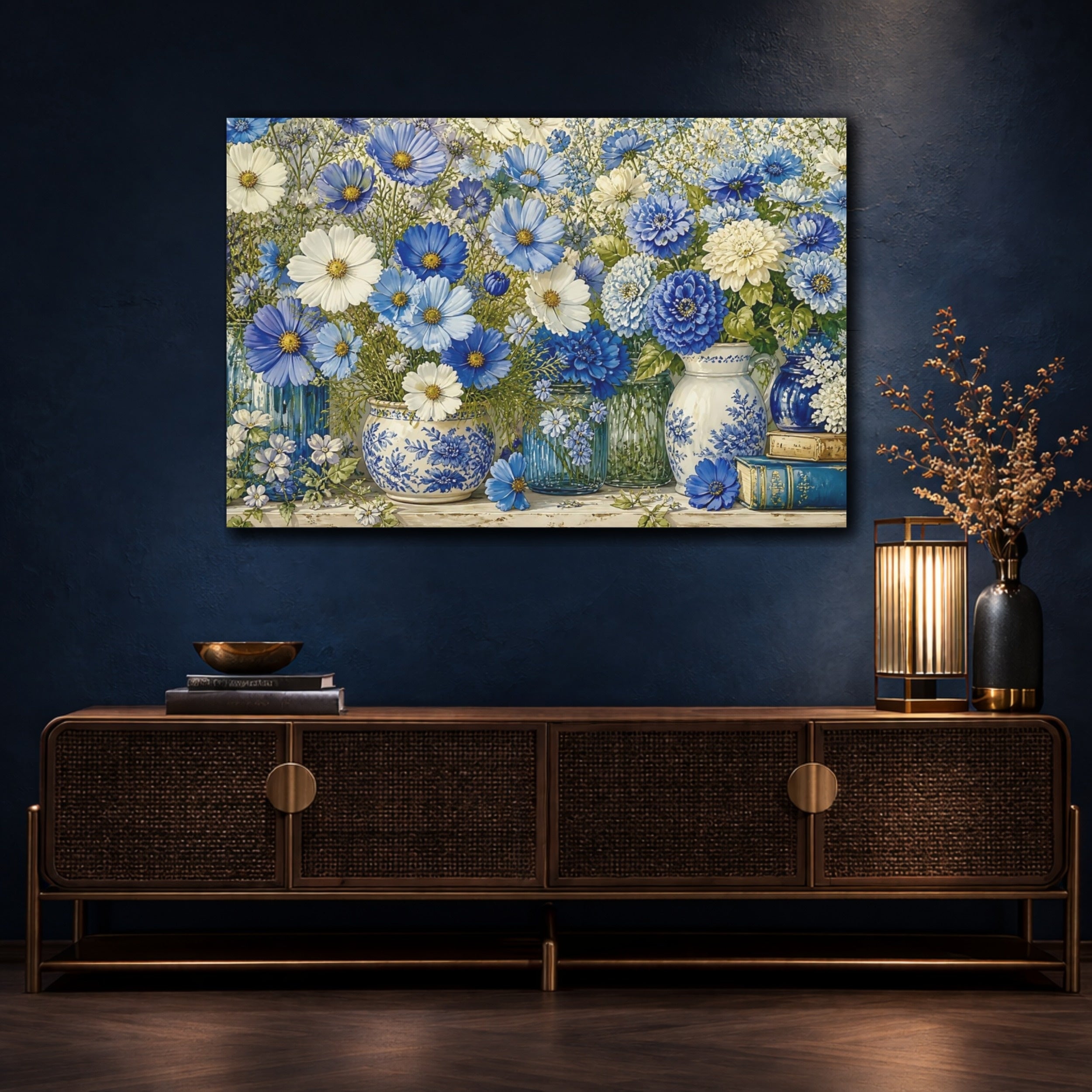 Mockup 4. Floral Blue Flowers Blue And White Floral shown as stretched canvas wall art