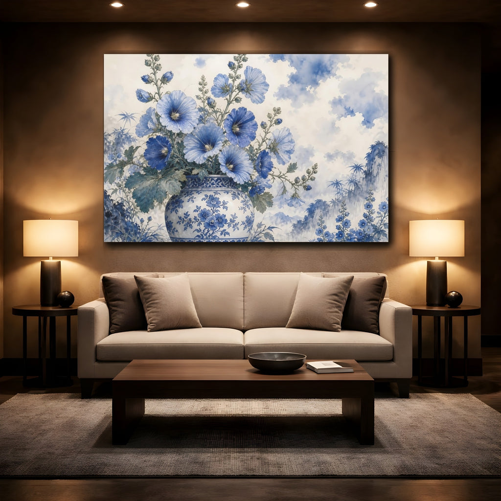 Mockup 2. Floral Blue Flowers Blue And White shown as stretched canvas wall art