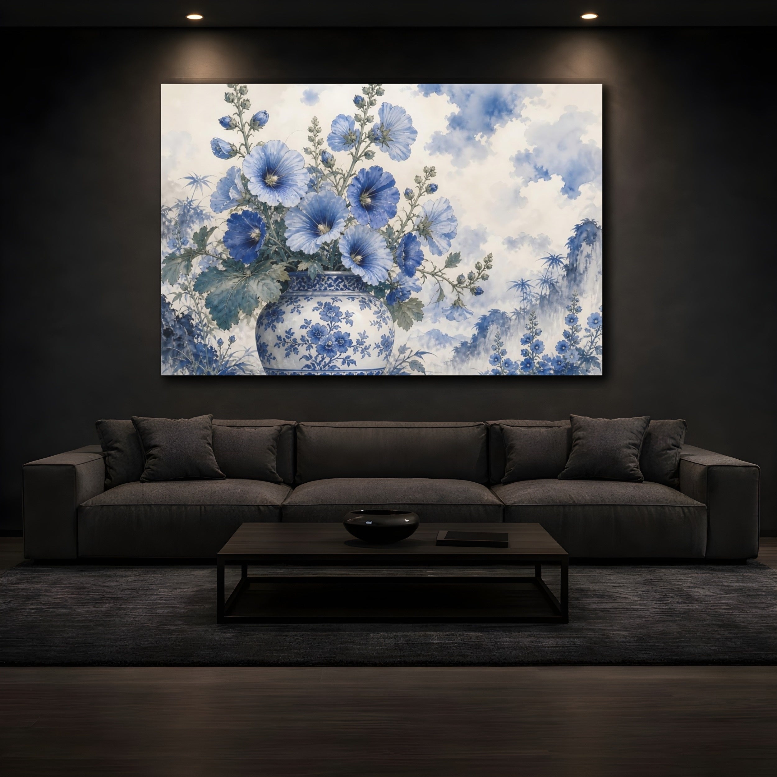 Mockup 3. Floral Blue Flowers Blue And White shown as stretched canvas wall art