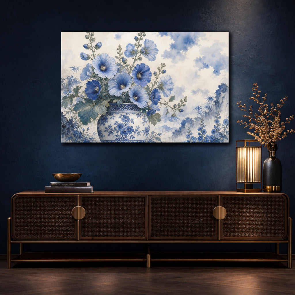 Mockup 4. Floral Blue Flowers Blue And White shown as stretched canvas wall art