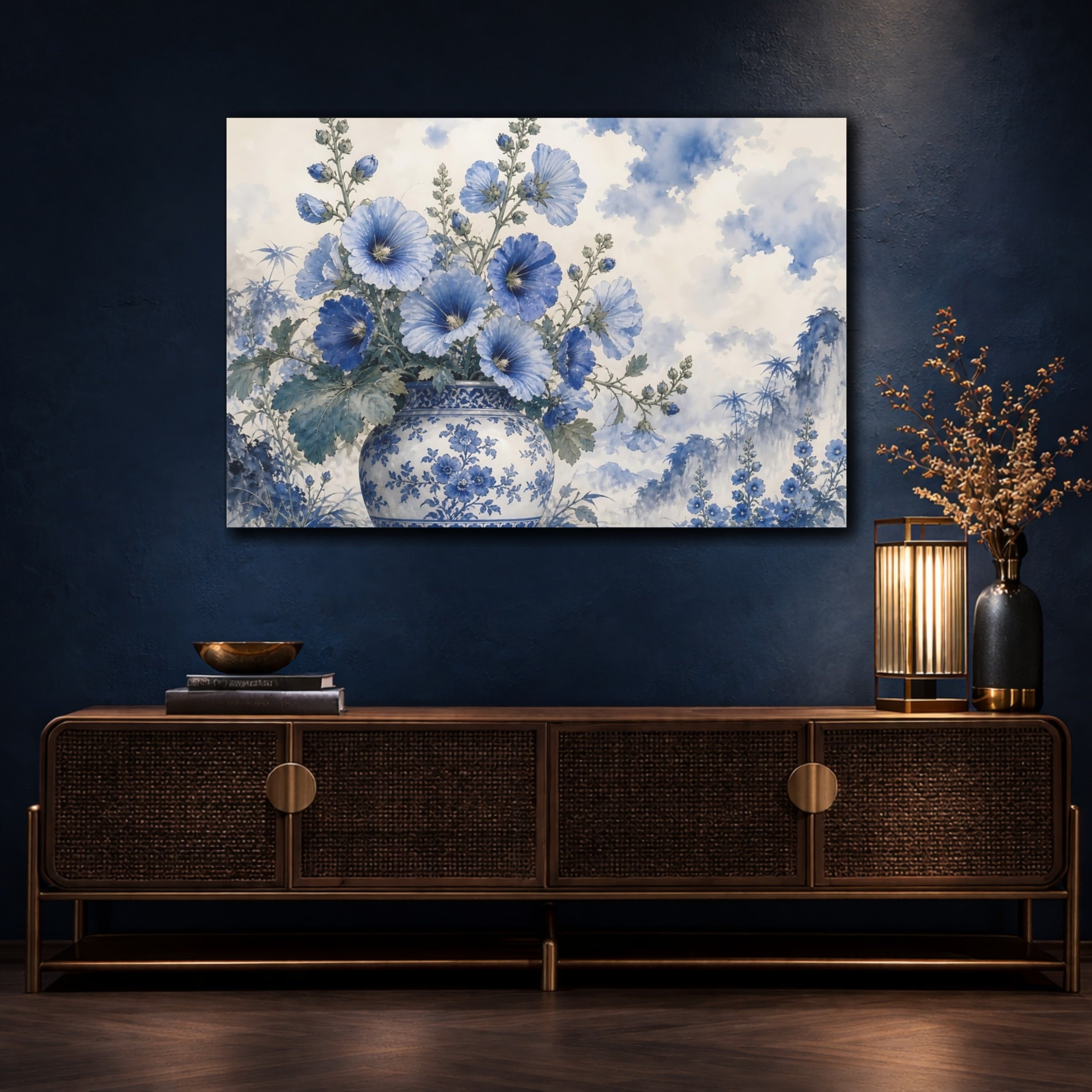 Mockup 4. Floral Blue Flowers Blue And White shown as stretched canvas wall art