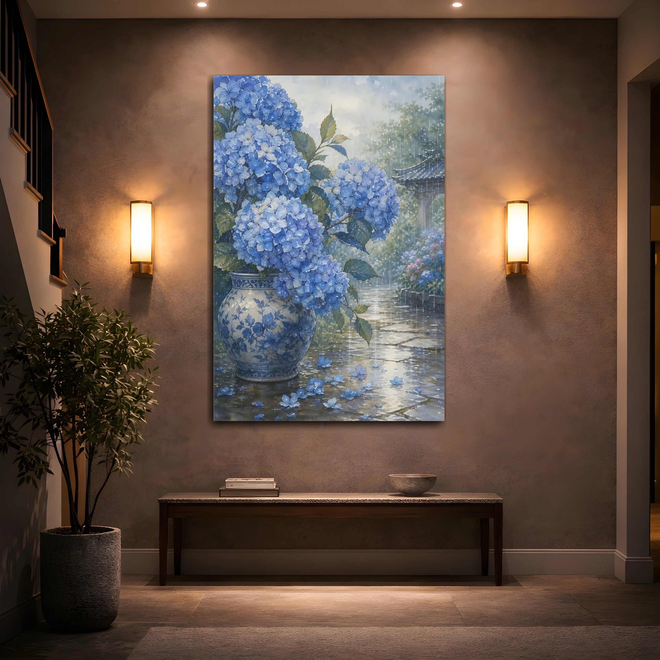Mockup 2. Floral Blue Hydrangeas Blue Hydrangea Rain shown as stretched canvas wall art