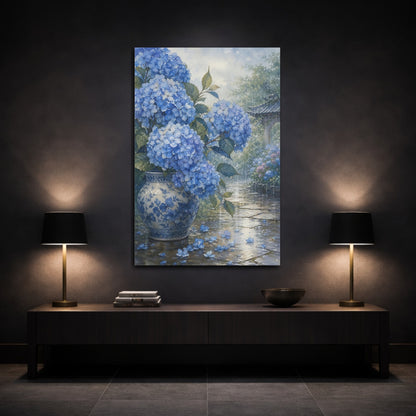 Mockup 3. Floral Blue Hydrangeas Blue Hydrangea Rain shown as stretched canvas wall art