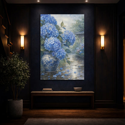 Mockup 4. Floral Blue Hydrangeas Blue Hydrangea Rain shown as stretched canvas wall art