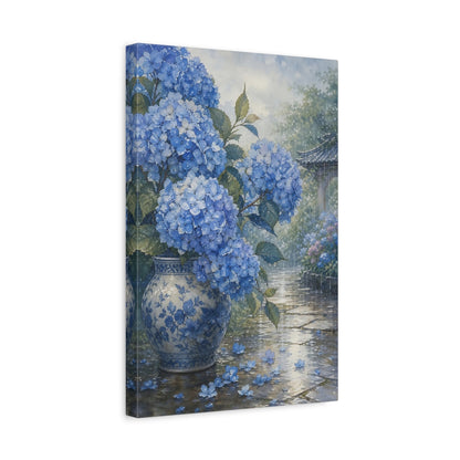 Side Mockup 4. Floral Blue Hydrangeas Blue Hydrangea Rain shown as stretched canvas wall art