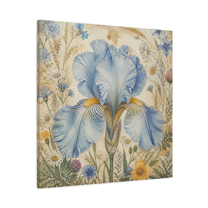 Main Mockup. Floral Blue Iris Blue Floral shown as stretched canvas wall art