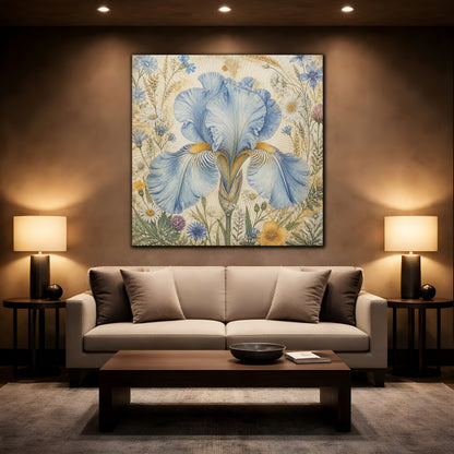Mockup 2. Floral Blue Iris Blue Floral shown as stretched canvas wall art