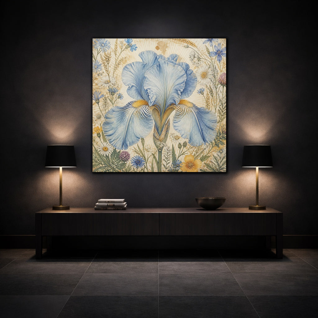Mockup 3. Floral Blue Iris Blue Floral shown as stretched canvas wall art