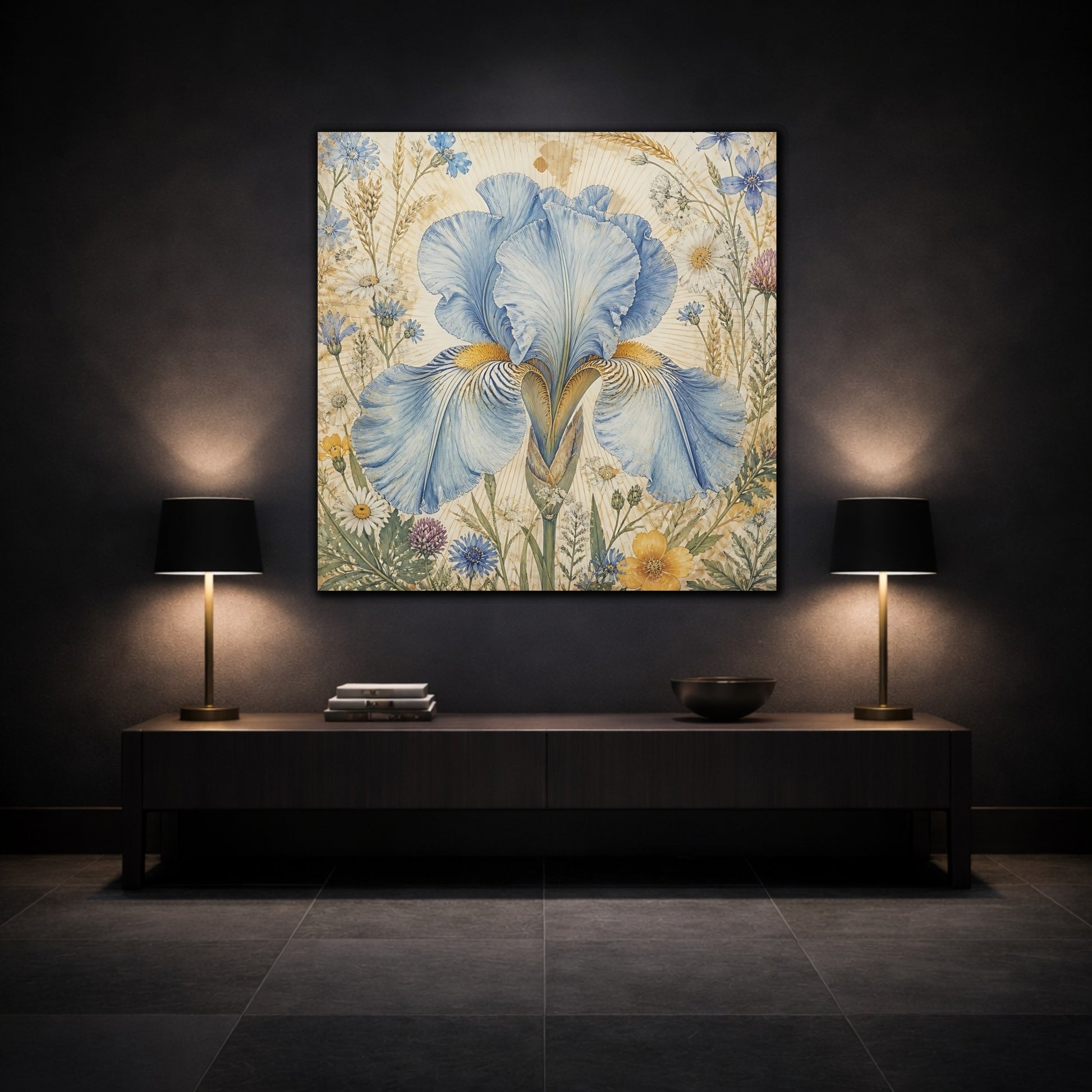 Mockup 3. Floral Blue Iris Blue Floral shown as stretched canvas wall art