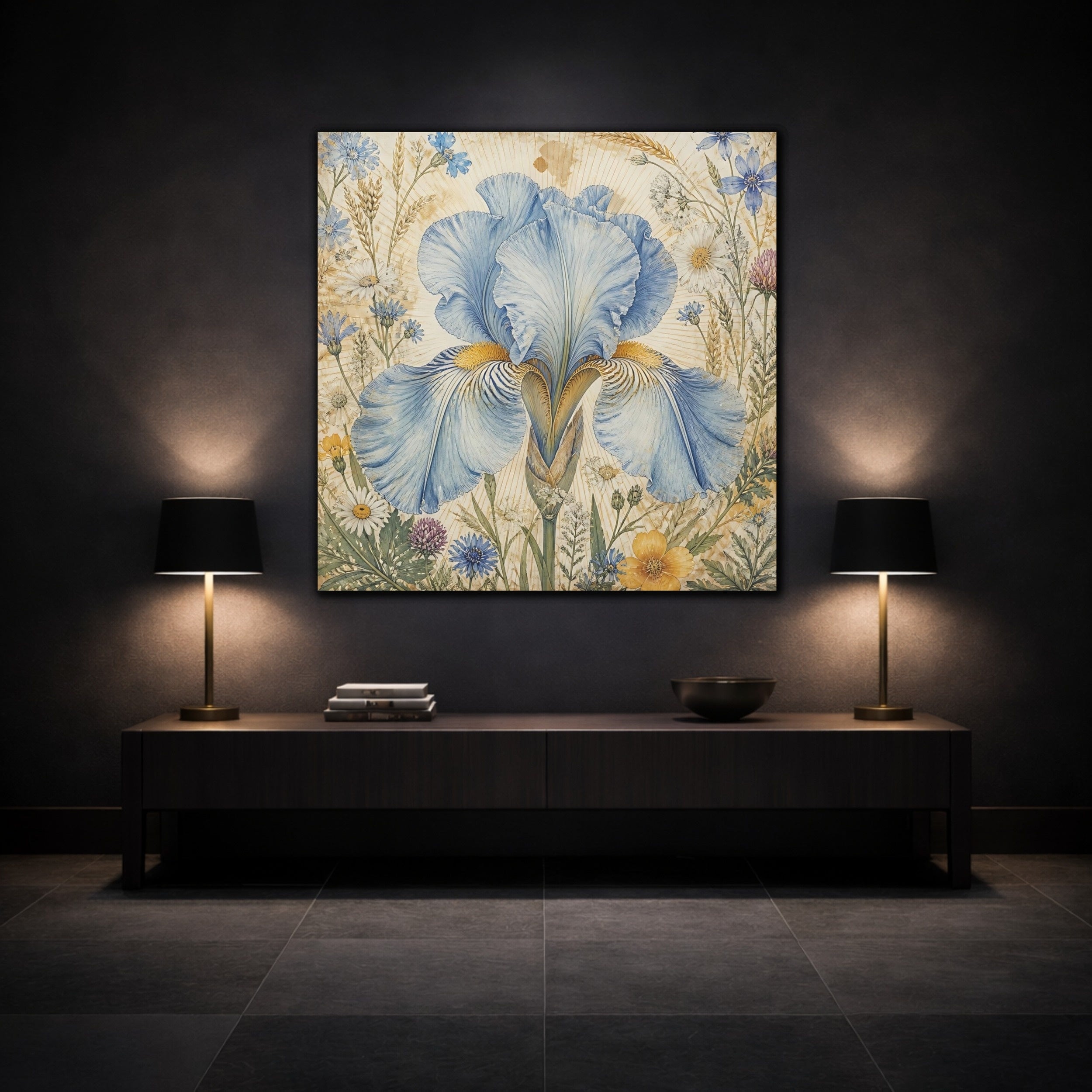 Mockup 3. Floral Blue Iris Blue Floral shown as stretched canvas wall art
