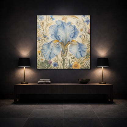 Mockup 3. Floral Blue Iris Blue Floral shown as stretched canvas wall art