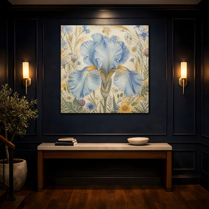Mockup 4. Floral Blue Iris Blue Floral shown as stretched canvas wall art
