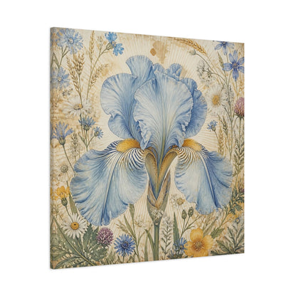 Side Mockup 1. Floral Blue Iris Blue Floral shown as stretched canvas wall art