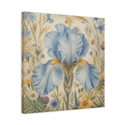 Side Mockup 5. Floral Blue Iris Blue Floral shown as stretched canvas wall art