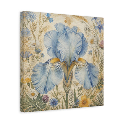 Side Mockup 7. Floral Blue Iris Blue Floral shown as stretched canvas wall art