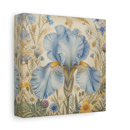 Side Mockup 2. Floral Blue Iris Blue Floral shown as stretched canvas wall art