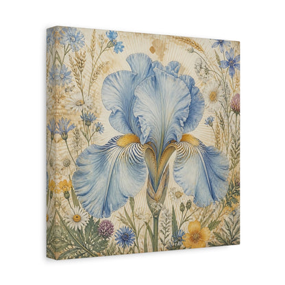 Side Mockup 8. Floral Blue Iris Blue Floral shown as stretched canvas wall art