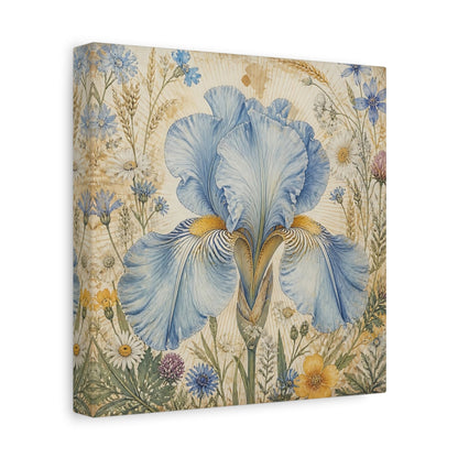 Side Mockup 9. Floral Blue Iris Blue Floral shown as stretched canvas wall art