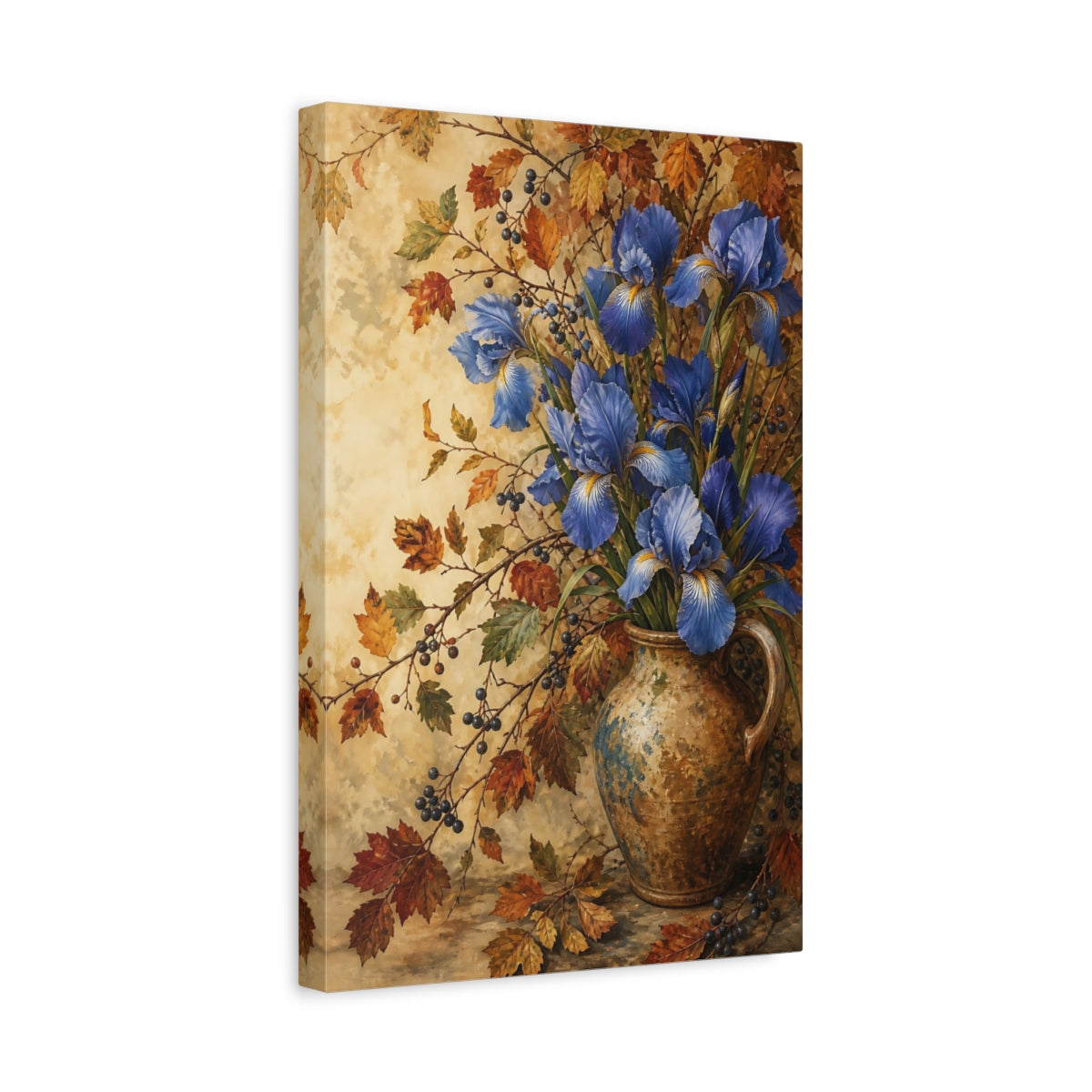 Side Mockup 4. Floral Blue Irises Blue And Gold Floral shown as stretched canvas wall art