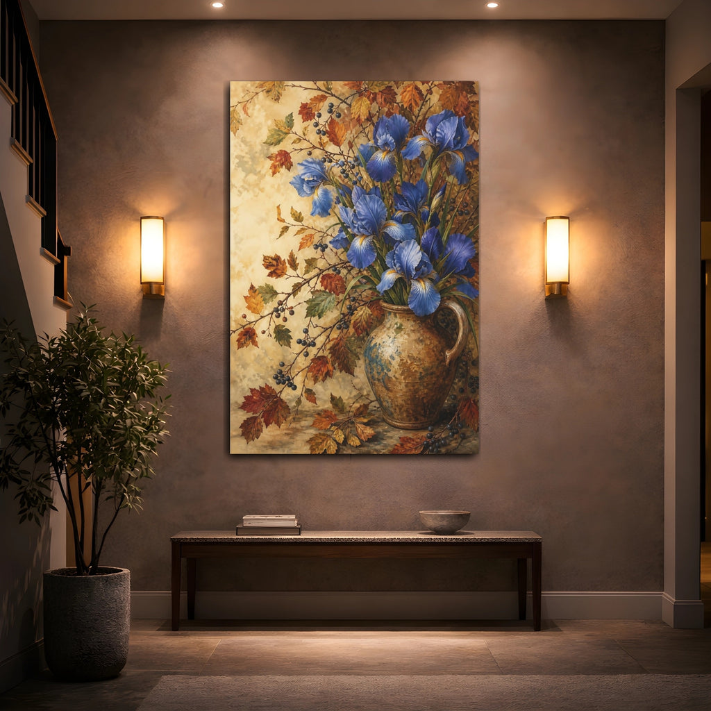 Mockup 2. Floral Blue Irises Blue And Gold Floral shown as stretched canvas wall art