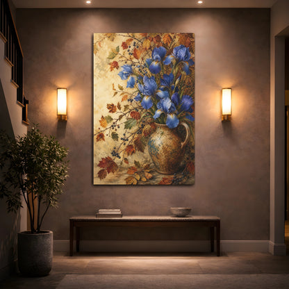 Mockup 2. Floral Blue Irises Blue And Gold Floral shown as stretched canvas wall art