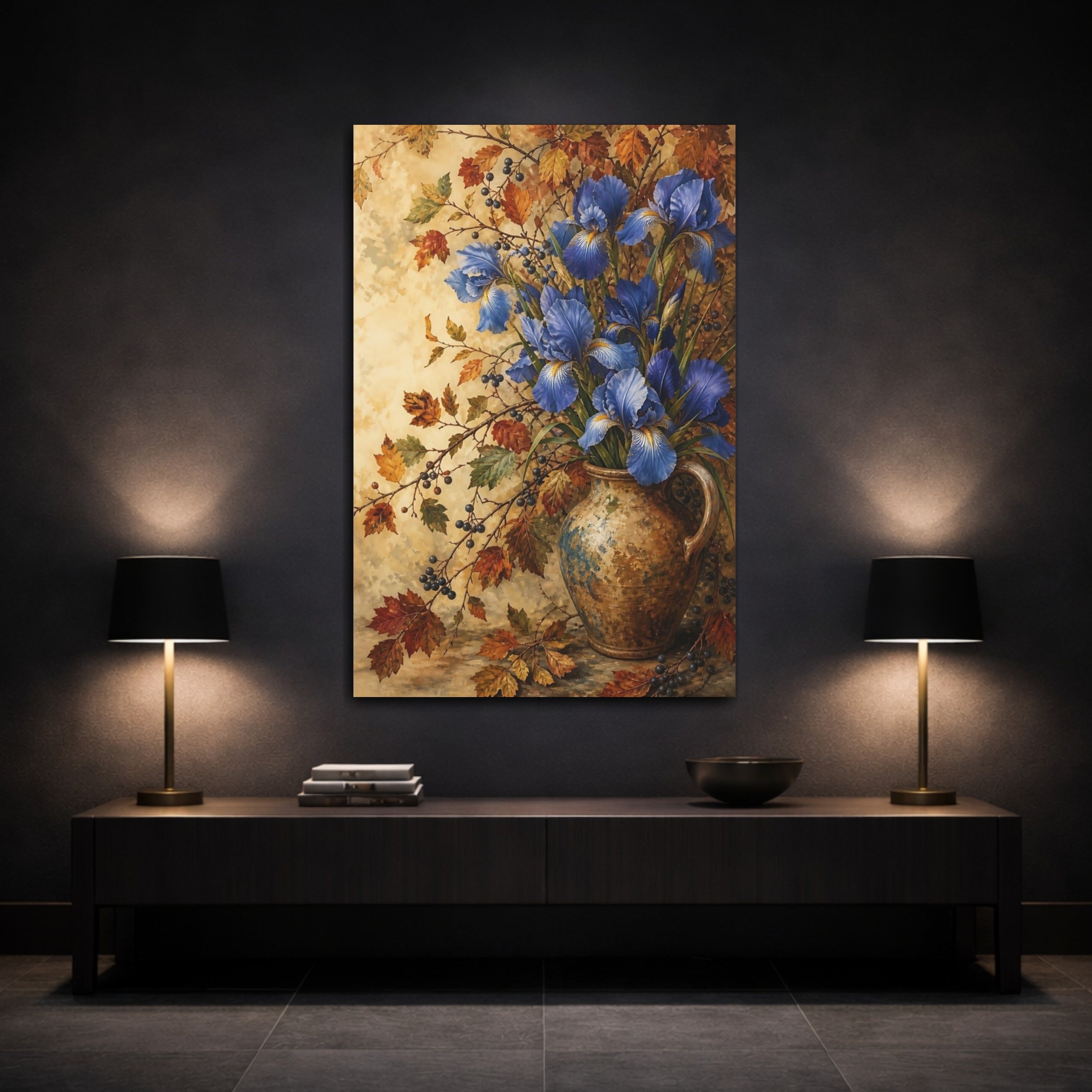 Mockup 3. Floral Blue Irises Blue And Gold Floral shown as stretched canvas wall art