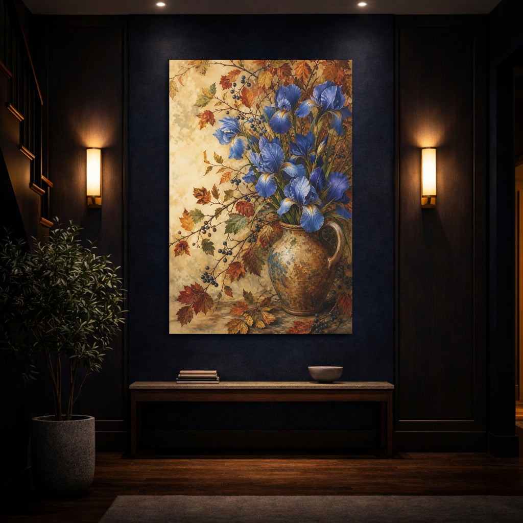 Mockup 4. Floral Blue Irises Blue And Gold Floral shown as stretched canvas wall art