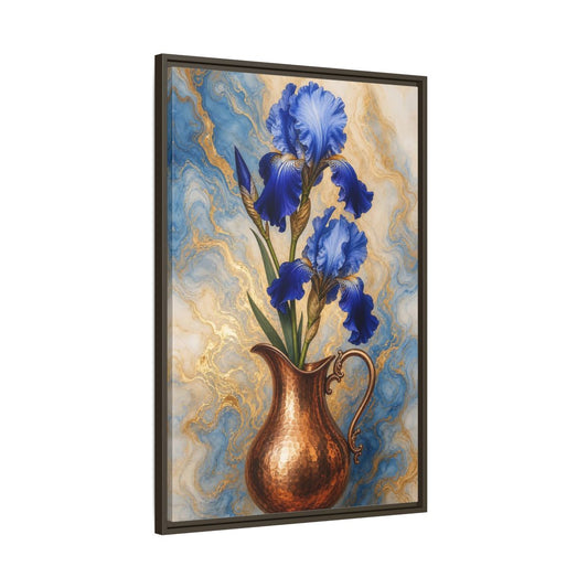 Main Mockup. Floral Blue Irises Blue Iris Copper shown as stretched canvas wall art