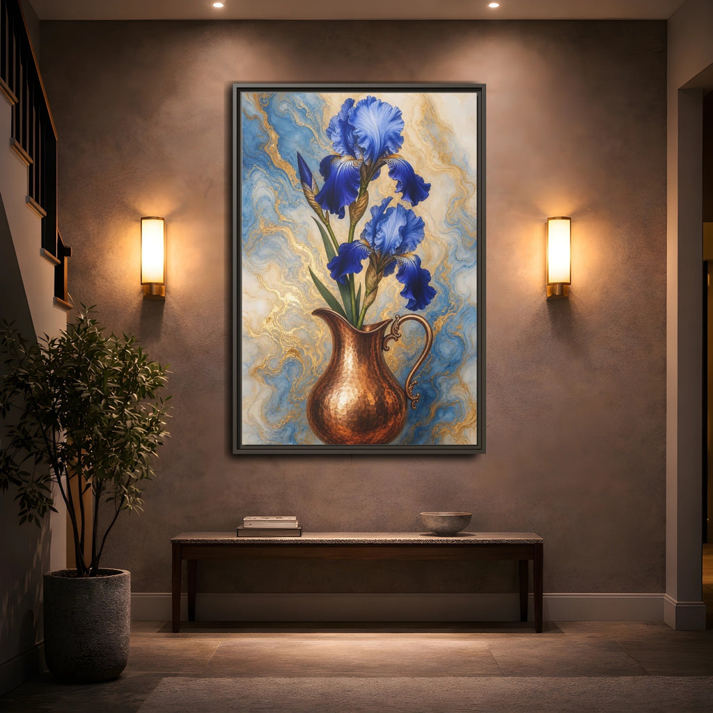 Mockup 2. Floral Blue Irises Blue Iris Copper shown as stretched canvas wall art