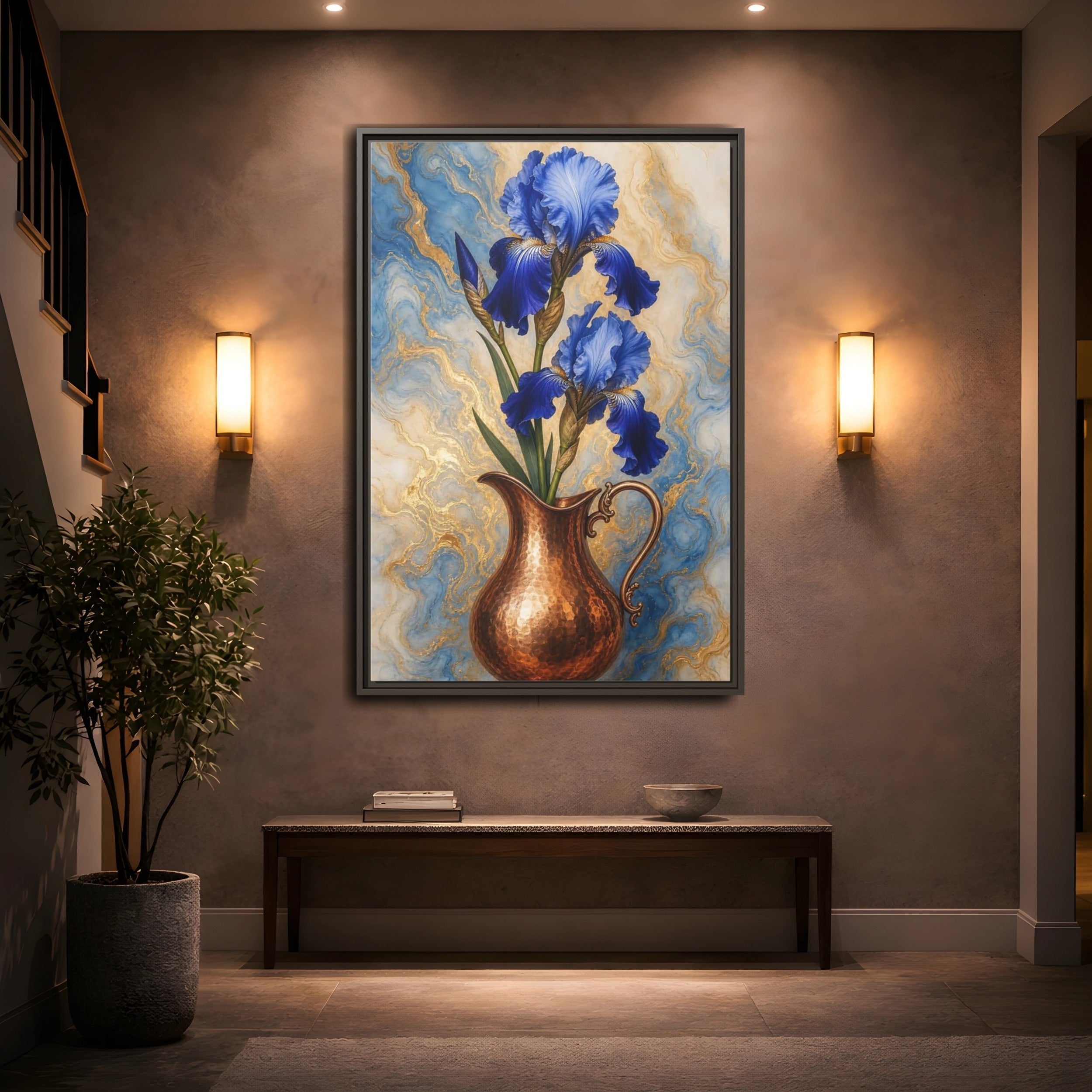 Mockup 2. Floral Blue Irises Blue Iris Copper shown as stretched canvas wall art