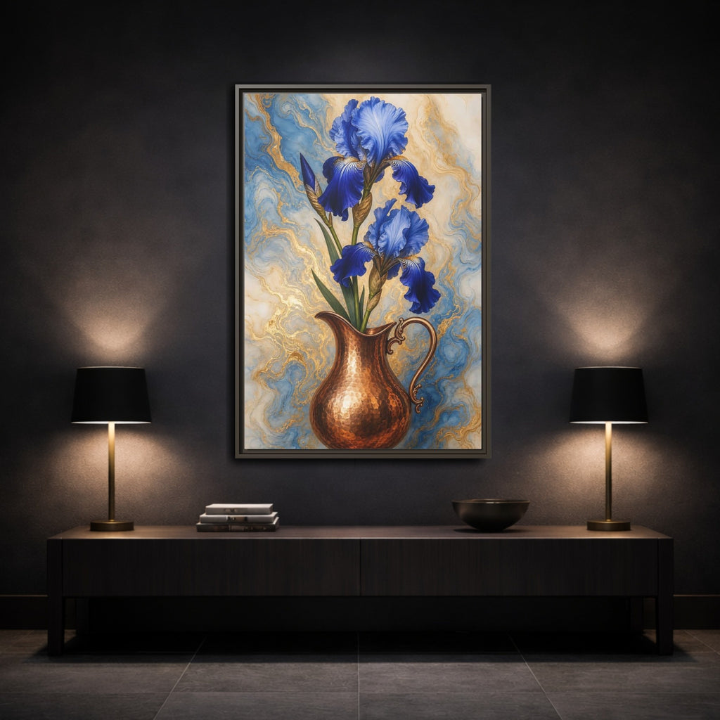 Mockup 3. Floral Blue Irises Blue Iris Copper shown as stretched canvas wall art