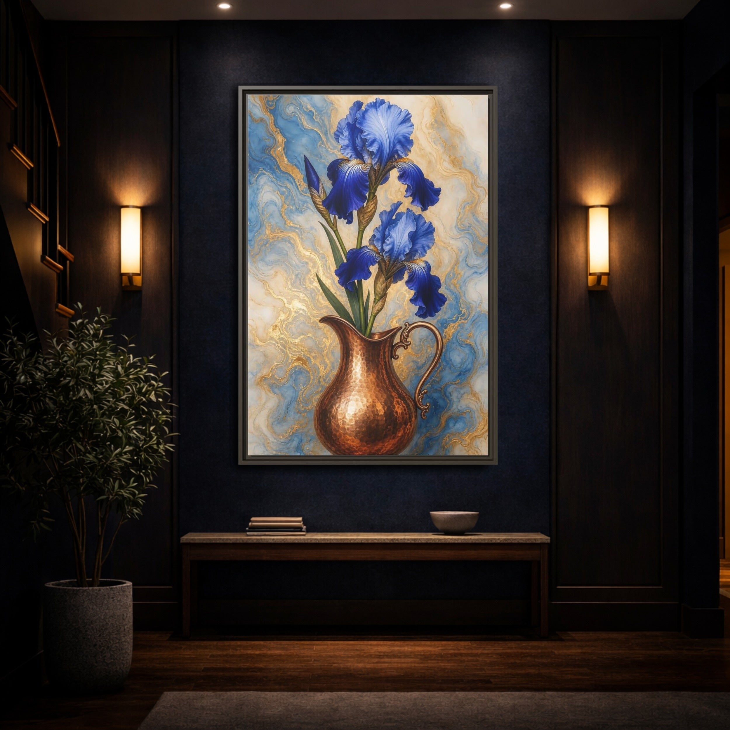 Mockup 4. Floral Blue Irises Blue Iris Copper shown as stretched canvas wall art