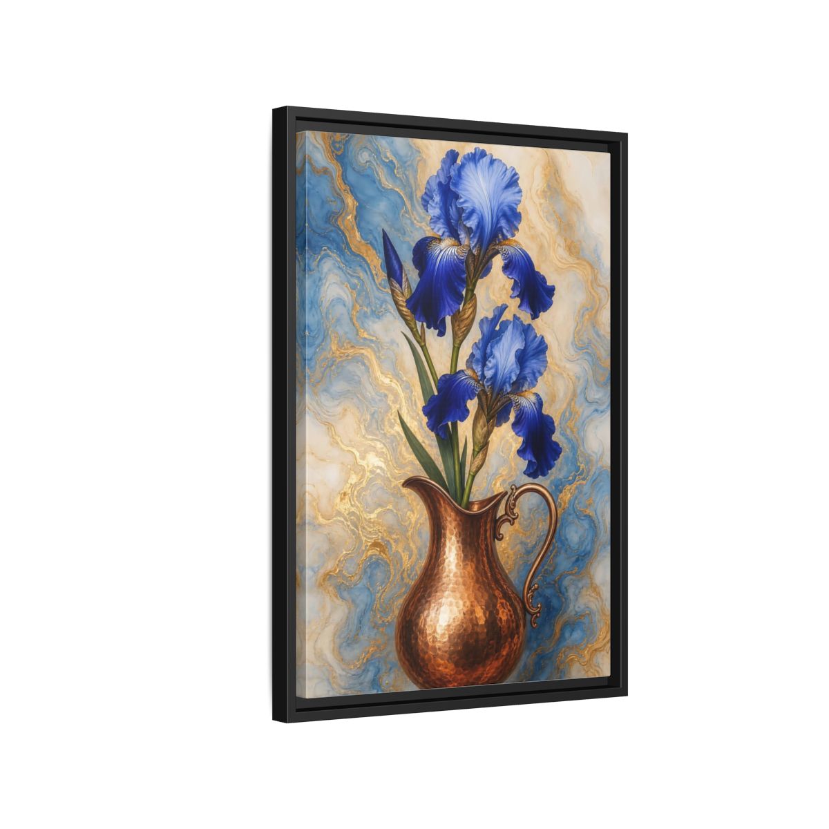 Side Mockup 3. Floral Blue Irises Blue Iris Copper shown as stretched canvas wall art