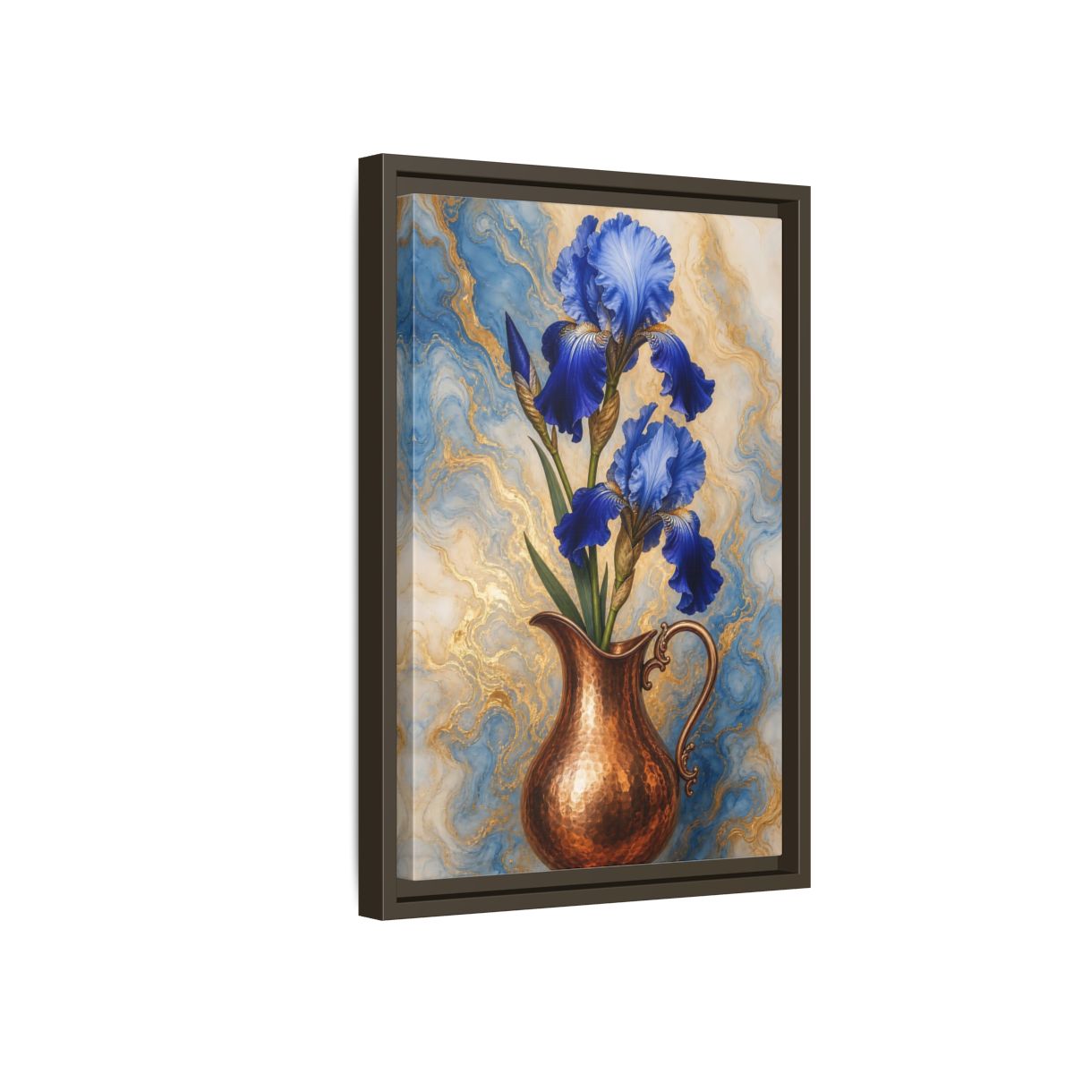Side Mockup 5. Floral Blue Irises Blue Iris Copper shown as stretched canvas wall art