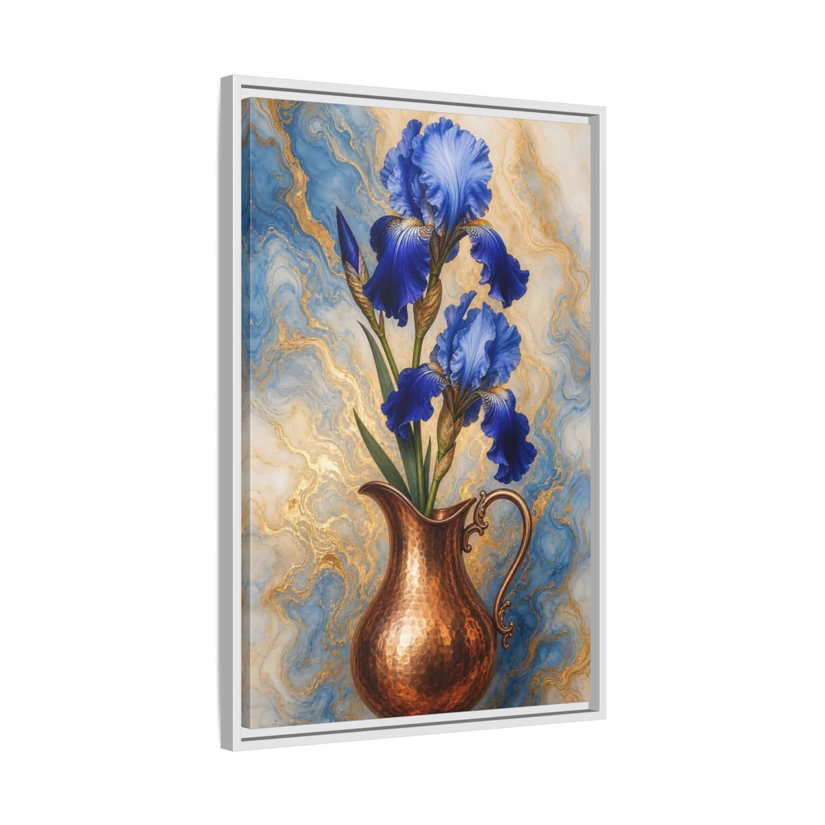 Side Mockup 10. Floral Blue Irises Blue Iris Copper shown as stretched canvas wall art