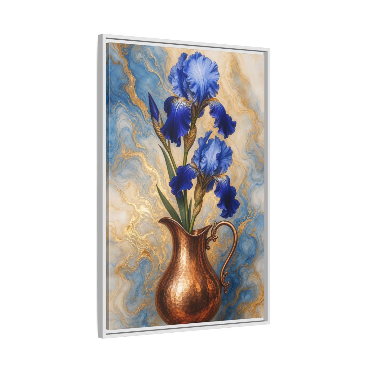 Side Mockup 9. Floral Blue Irises Blue Iris Copper shown as stretched canvas wall art