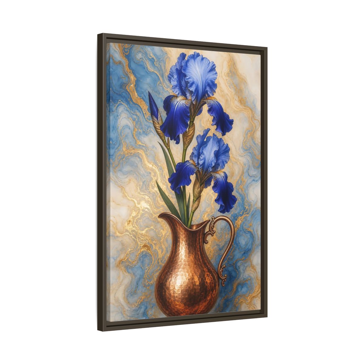 Side Mockup 11. Floral Blue Irises Blue Iris Copper shown as stretched canvas wall art