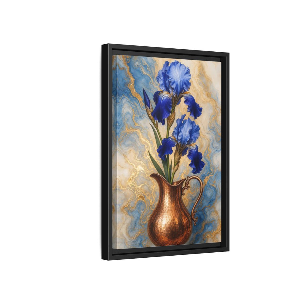 Side Mockup 6. Floral Blue Irises Blue Iris Copper shown as stretched canvas wall art