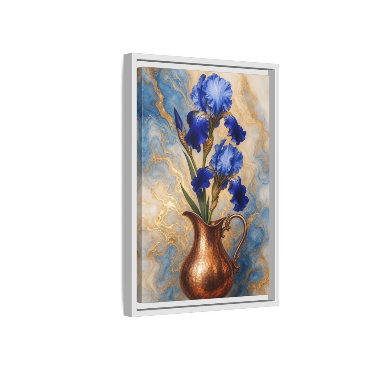 Side Mockup 4. Floral Blue Irises Blue Iris Copper shown as stretched canvas wall art