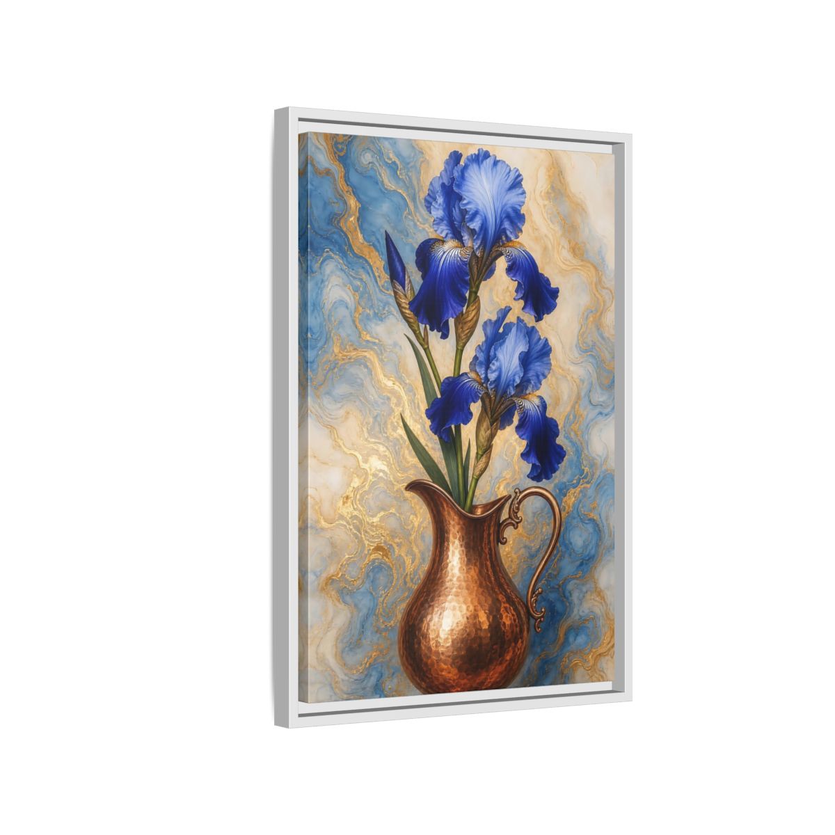 Side Mockup 1. Floral Blue Irises Blue Iris Copper shown as stretched canvas wall art