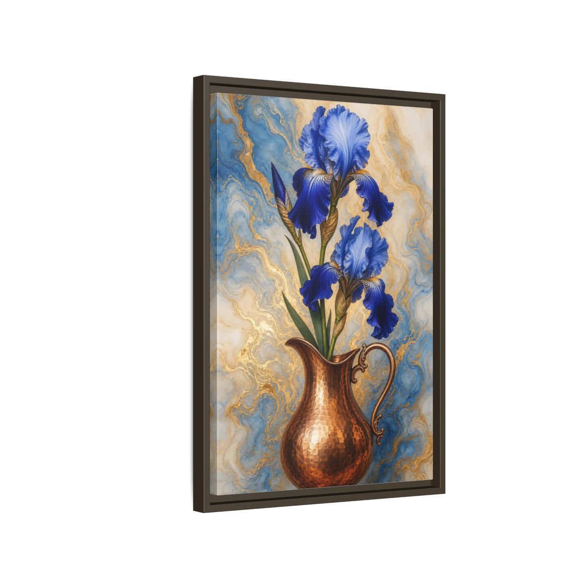 Side Mockup 2. Floral Blue Irises Blue Iris Copper shown as stretched canvas wall art