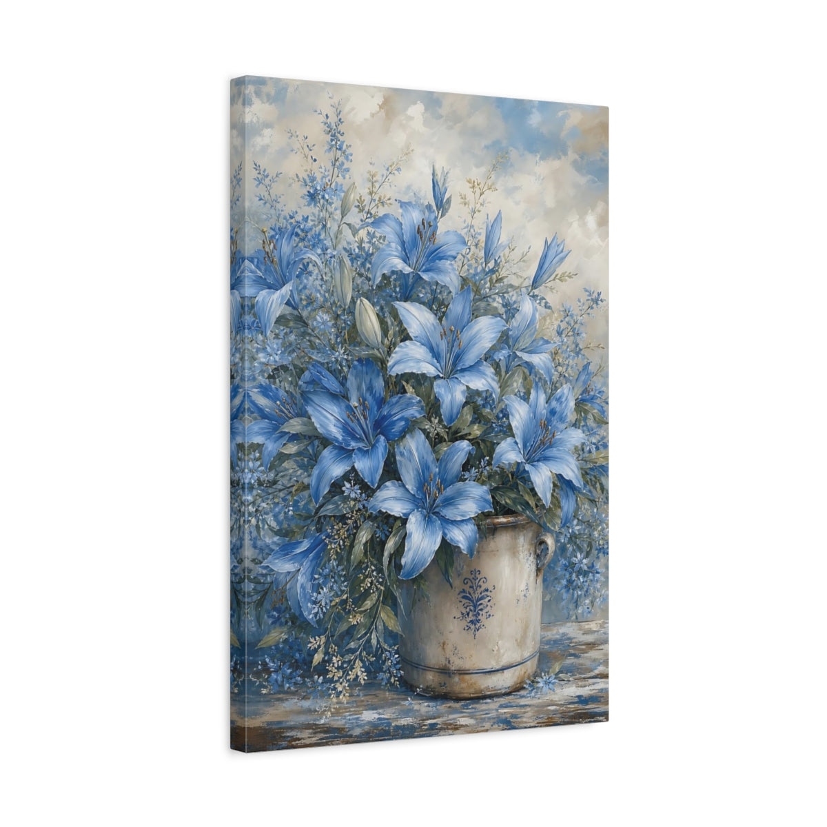 Side Mockup 3. Floral Blue Lilies Blue And White Floral shown as stretched canvas wall art