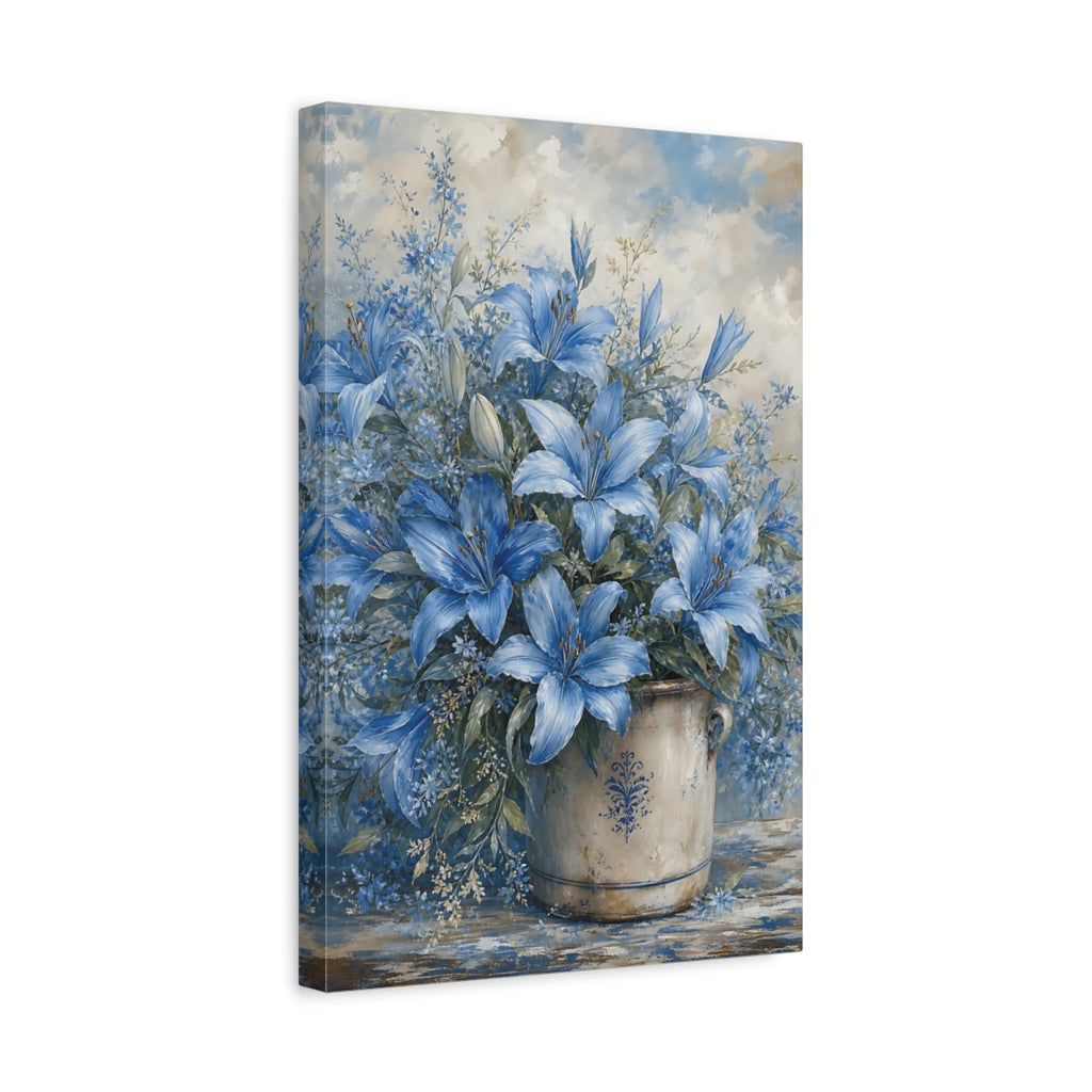 Side Mockup 4. Floral Blue Lilies Blue And White Floral shown as stretched canvas wall art